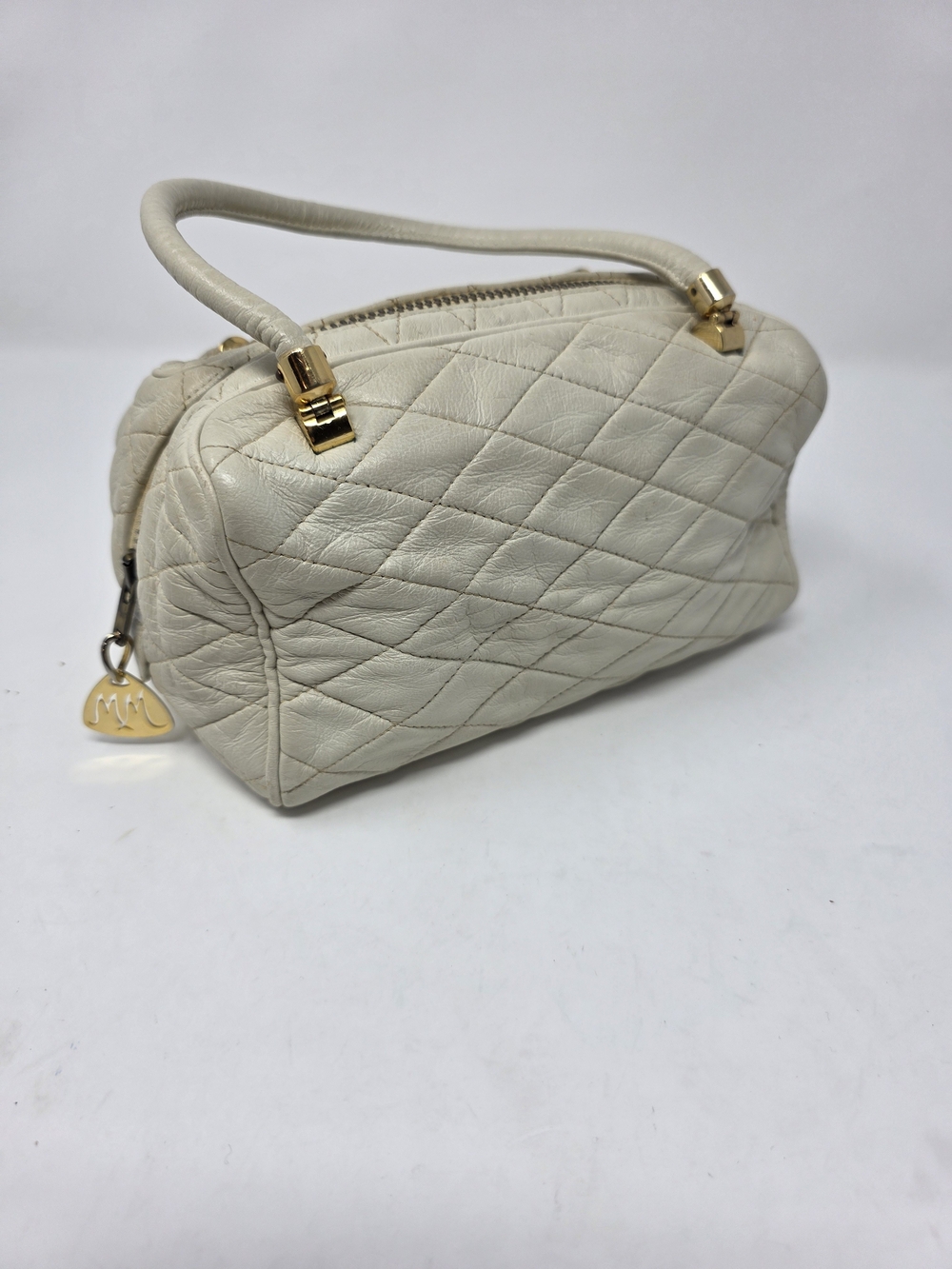 Morris Moskowitz White Quilted Leather Barrel Bag Vintage Handbag